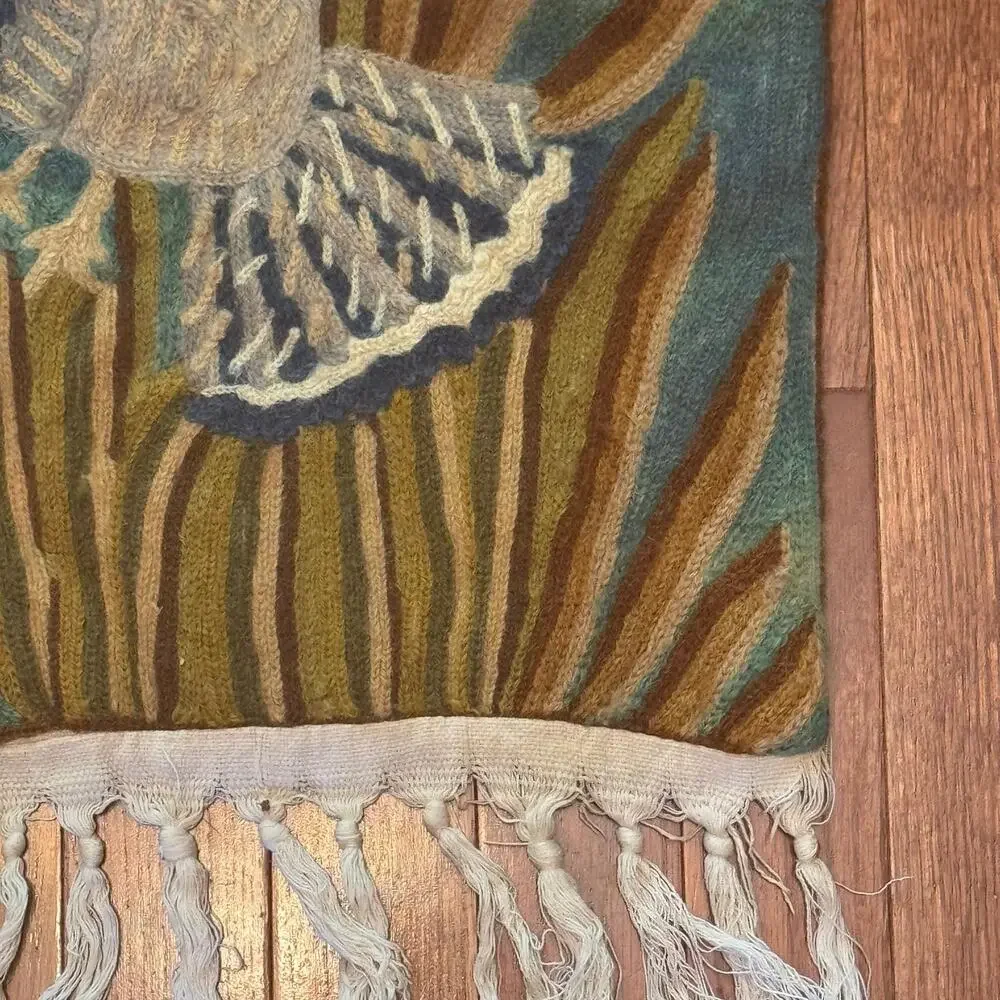 Vintage Handmade Crewel Embroidery Wildlife Bird Scene Fringed Tapestry
